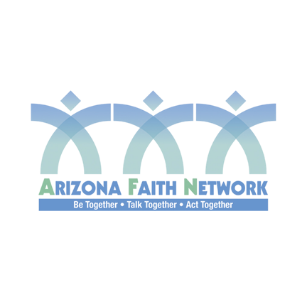 Arizona Faith Network in light blue and light green gradient colors. Tagline reads "Be together, Talk together, Act together."