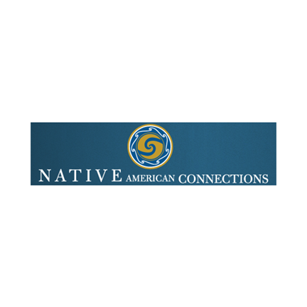 Native American Connections logo with white, blue, and gold decorations on gradient blue background
